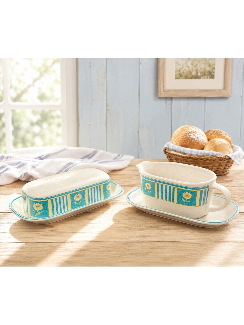 Studio Nova 1990s Butter Dish & Gravy Boat/Creamer Country Charm Green